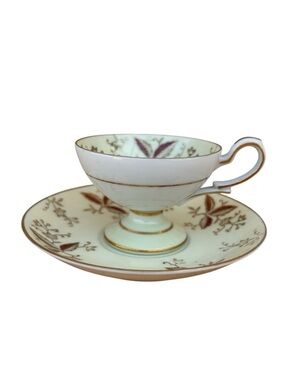 Occupied Japan Vintage Porcelain Ivory Maroon Gold Footed Tea Cup & Saucer Set‎